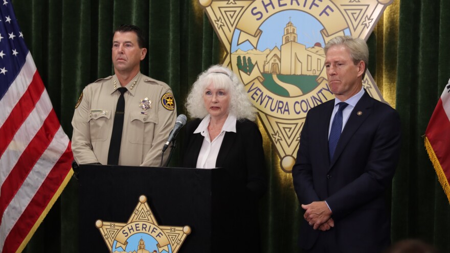 Ventura County Sheriff Jim Fryhoff, crime vicim S.W., and Ventura County District Attorney Eric Nasarenko at a news conference to announce an arrest, and new charges in a three decade old criminal case.