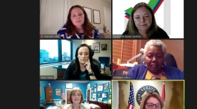 Six women on a screen, as part of a town hall on education