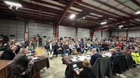 A large crowd gathers in the Ransom Twp. Municipal Building's garage for a zoning hearing on a proposed data center development in the municipality.