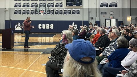 Sen. Jeff Merkley, D-Ore. listens to the first question of the morning during the first of three town halls he held Saturday, starting in Newport and then Tillamook before ending his day in Warrenton.