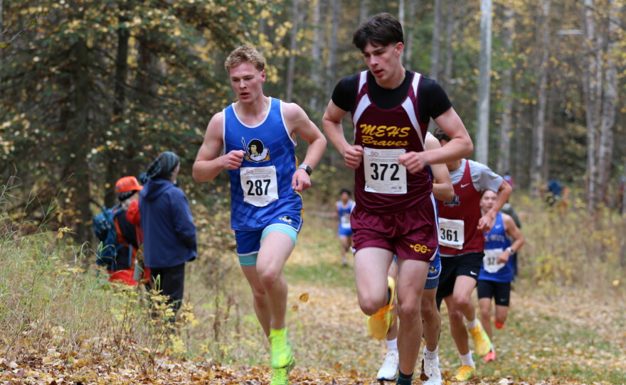 Runners compete at the ASAA cross-country running state championships in Anchorage on Oct. 3, 2026.