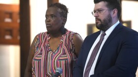 Wanda Geter-Pataky, a city employee and vice chairwoman of Bridgeport’s Democratic Party, stands in Connecticut Superior Court during a hearing in Bridgeport, Conn. June 24, 2024. Geter-Pataky was arrested along with three others earlier this month on charges related to the mishandling absentee ballots during the Democratic primary for Bridgeport Mayor in 2019. She is seen here with her attorney, Alexander Gulash.