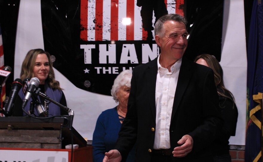 Gov. Phil Scott, who won a fifth term as governor, smiles after speaking to attendees at his election night party on Tuesday.