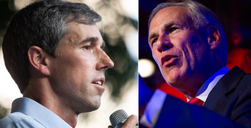 Beto O'Rourke is seen in profile on the left; Greg Abbott is on the right, looking left.