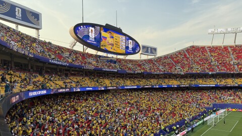Crowds pack a World Cup Round of 32 match between Colombia and Ghana at Arrowhead Stadium on July 3, 2026.