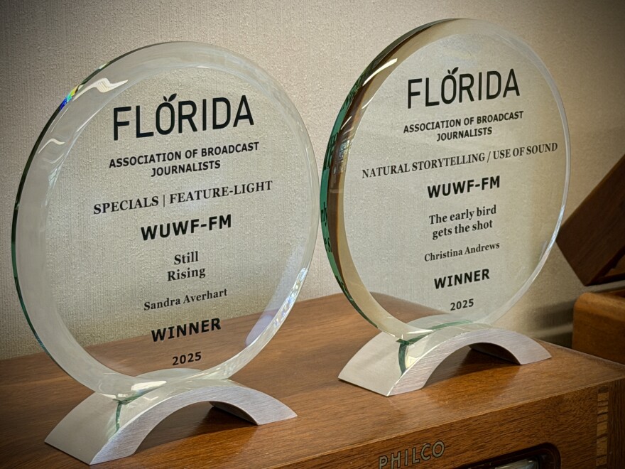 First-place awards from the Florida Association of Broadcast Journalists for WUWF's Sandra Averhart, left, and Christina Andrews, right