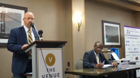 Michael Kavanagh (left) and Emmanuel "Manny" Nneji participated in an at-time tense debate at the Ulster County Regional Chamber of Commerce's monthly breakfast meeting. 