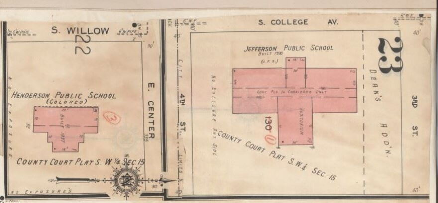 Excerpt from the 1948 Sanborn Fire Insurance Map showing the Lincoln Public School (opened as the Henderson School, a name shared with the school at Olive and Lafayette Streets) at the southeast corner of S. Willow and E. Center Streets. The Lincoln School was a segregated school for Black students until the Jefferson School was integrated. The Lincoln School was demolished for the construction of the Willow Heights public housing development, which opened in 1971.