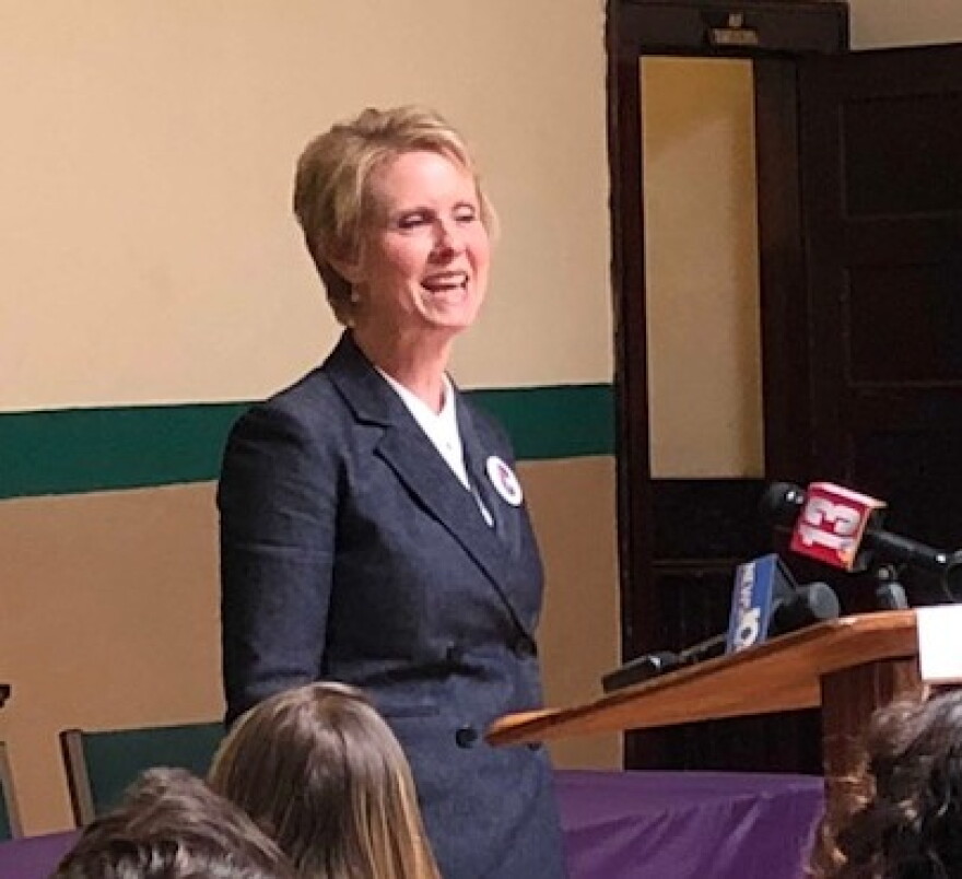 Cynthia Nixon, a Democratic candidate for governor, speaks to voters at the New Covenant Christian Fellowship church in Albany.