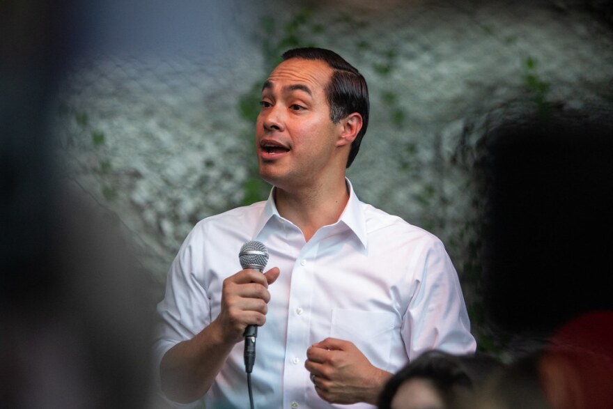 JuliÃ¡n Castro speaks at a rally at Cheer Up Charlies in Austin on June 28, 2019.