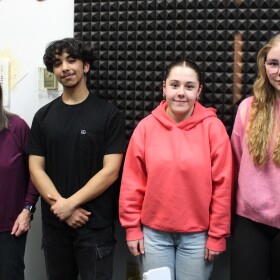 From left, Eileen Bryson, Emircan "Emir" Celik, Josune Azpilicueta and Enni Haataja stand in the KDLL studio on Thursday, Mar. 12, 2026 in Kenai, Alaska.