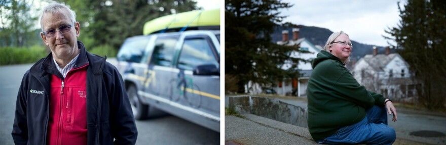 Right: Joanne Waterman just retired from working at the ferry terminal in Haines. Left: Dave McCandless, a family physician in Haines, has seen these same tensions in other places he's lived.