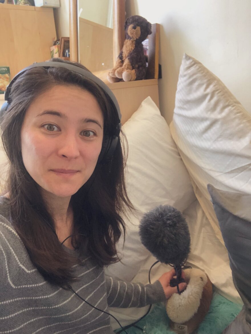 Host/producer Lauren Migaki recorded a podcast from her home/pillow fort studio.