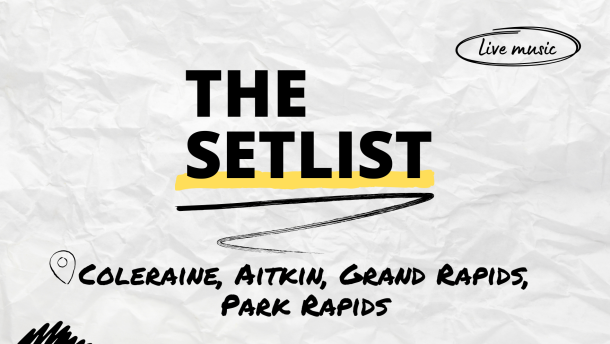 "The Setlist" and "Coleraine, Aitkin, Grand Rapids, Park Rapids" written over a crumpled paper background.