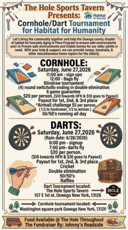 Event flyer for a charity fundraiser hosted by The Hole Sports Tavern benefiting Habitat for Humanity's Aging in Place Program. The flyer details two events on Saturday, June 27, 2026: a Cornhole Tournament at Washington Square Park starting with sign-ups at 11 a.m., and a Dart Tournament at The Hole Sports Tavern starting with sign-ups at 6 p.m. Both tournaments cost $20 per person and feature cash payouts for top finishers, raffles, and food by Johnny's Roadside.