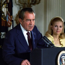 President Richard Nixon's farewell to his cabinet and members of the White House staff.