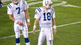 Former Colts quarterback Peyton Manning (right) and back up quarterback Curtis Painter (left)