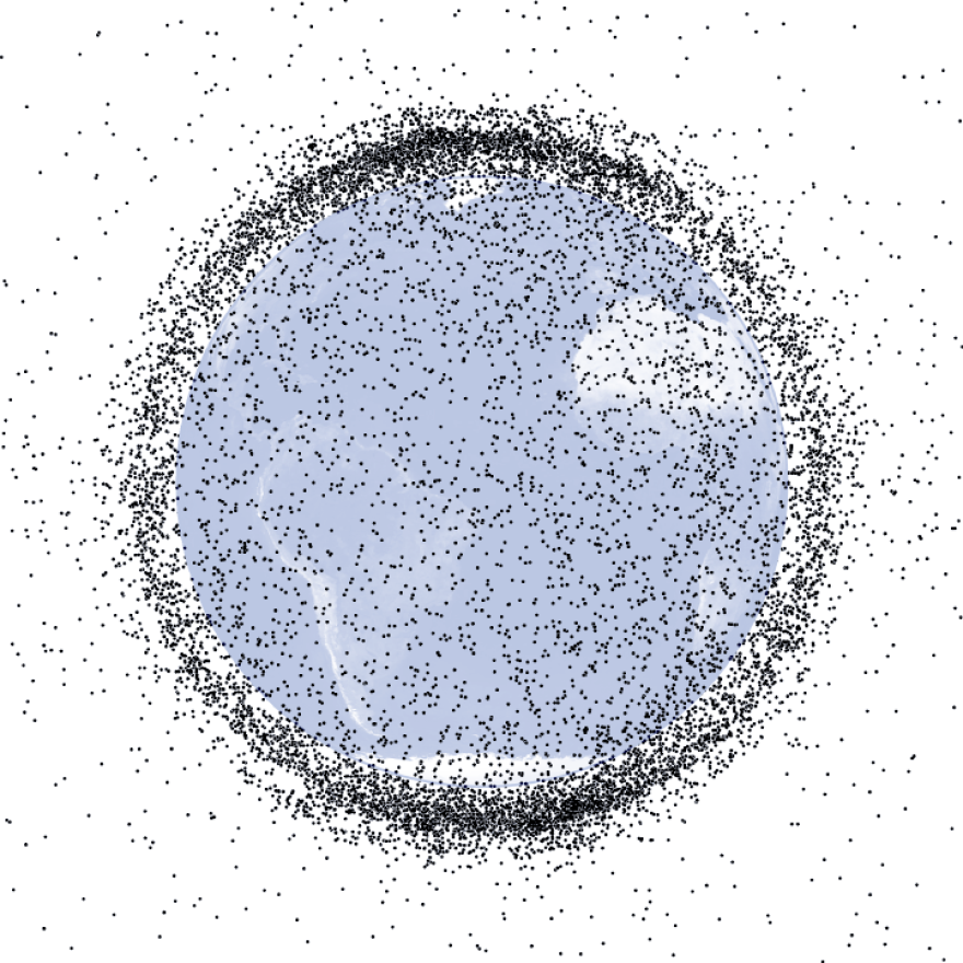 Approximately 19,000 manmade objects larger than 10 centimeters orbit the Earth. These images, based on models, show the distribution of orbital debris around Earth.
