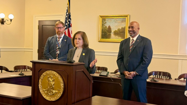 Lt. Gov. Hashmi is joined by two lawmakers in Richmond, VA on Oct. 6 2026 for a press conference announcing she is opposing the merger of Dominion Energy and NextEra Energy.