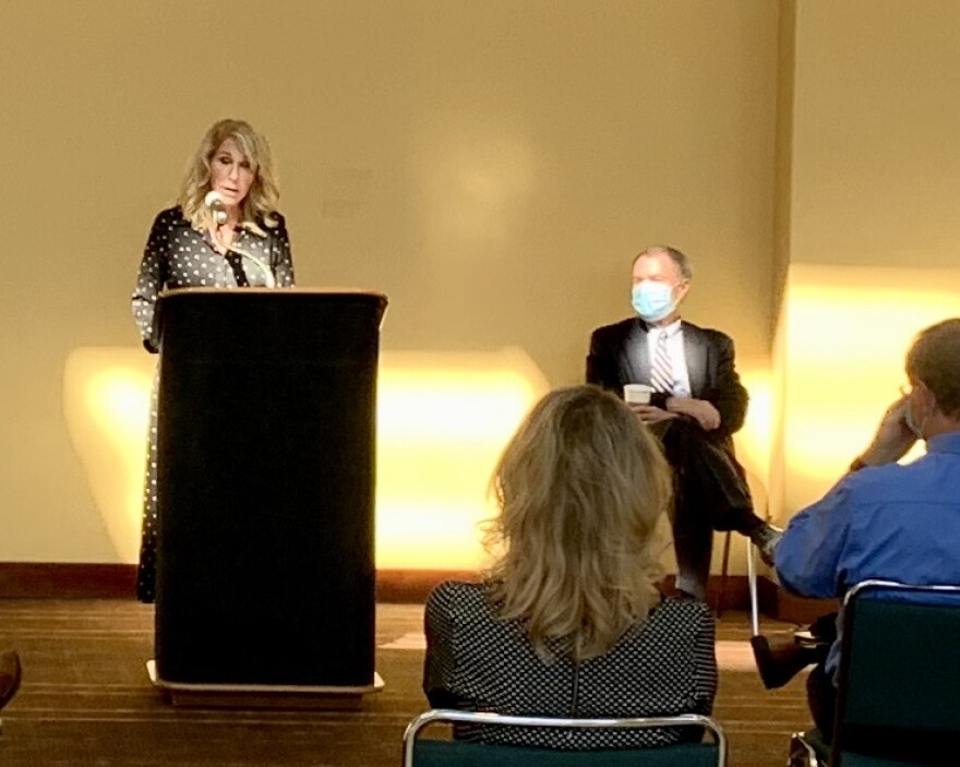 Downtown Indy's Sherry Seiwert speaks at the Convention Center. (Jill Sheridan WFYI)