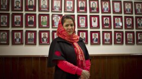 Afghan lawmaker Fawzia Koofi from Kabul poses next to a picture wall showing Afghanistans 249 parliamentarians. (Anja Niedringhaus/AP)