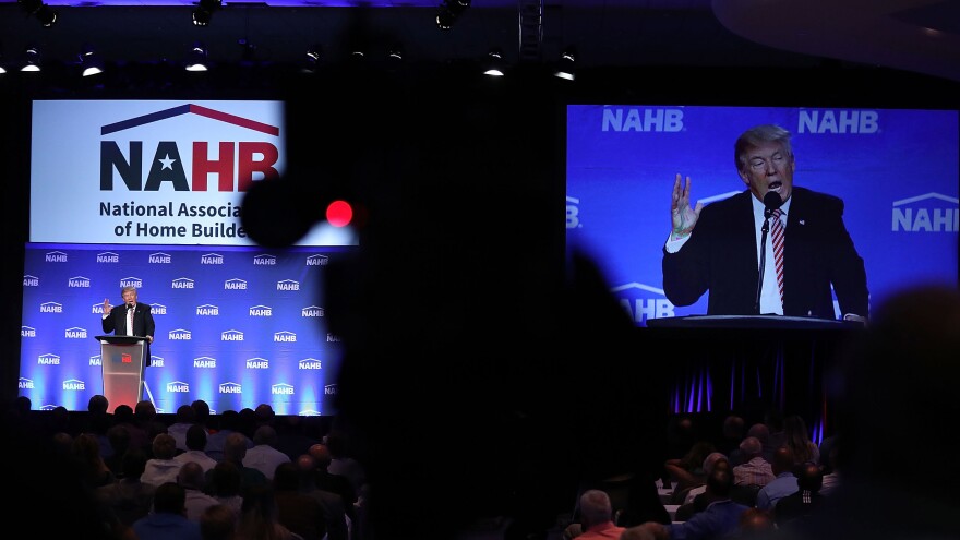Republican presidential nominee Donald Trump is captured by a TV camera during an address to the National Association of Home Builders in Miami Beach, Fla., on Aug. 11.