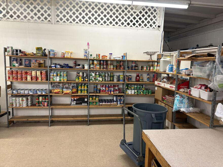 These shelves are relatively full at the beginning of each week, but they are likely to be nearly empty after the pantry is open to the public on Wednesdays, Thursdays and Fridays.