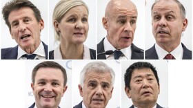 This combo of Jan. 30, 2025, file photos, shows the seven candidates in the International Olympic Committee presidential election, from top row from left, Sebastian Coe, Kirsty Coventry, Johan Eliasch, and Prince Feisal al Hussein, bottom row from left, David Lappartient, Juan Antonio Samaranch and Morinari Watanabe.