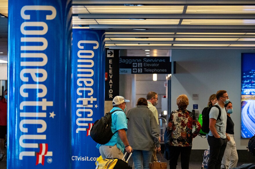 Travelers at Bradley International Airport in Windsor Locks, CT on June 25, 2020.