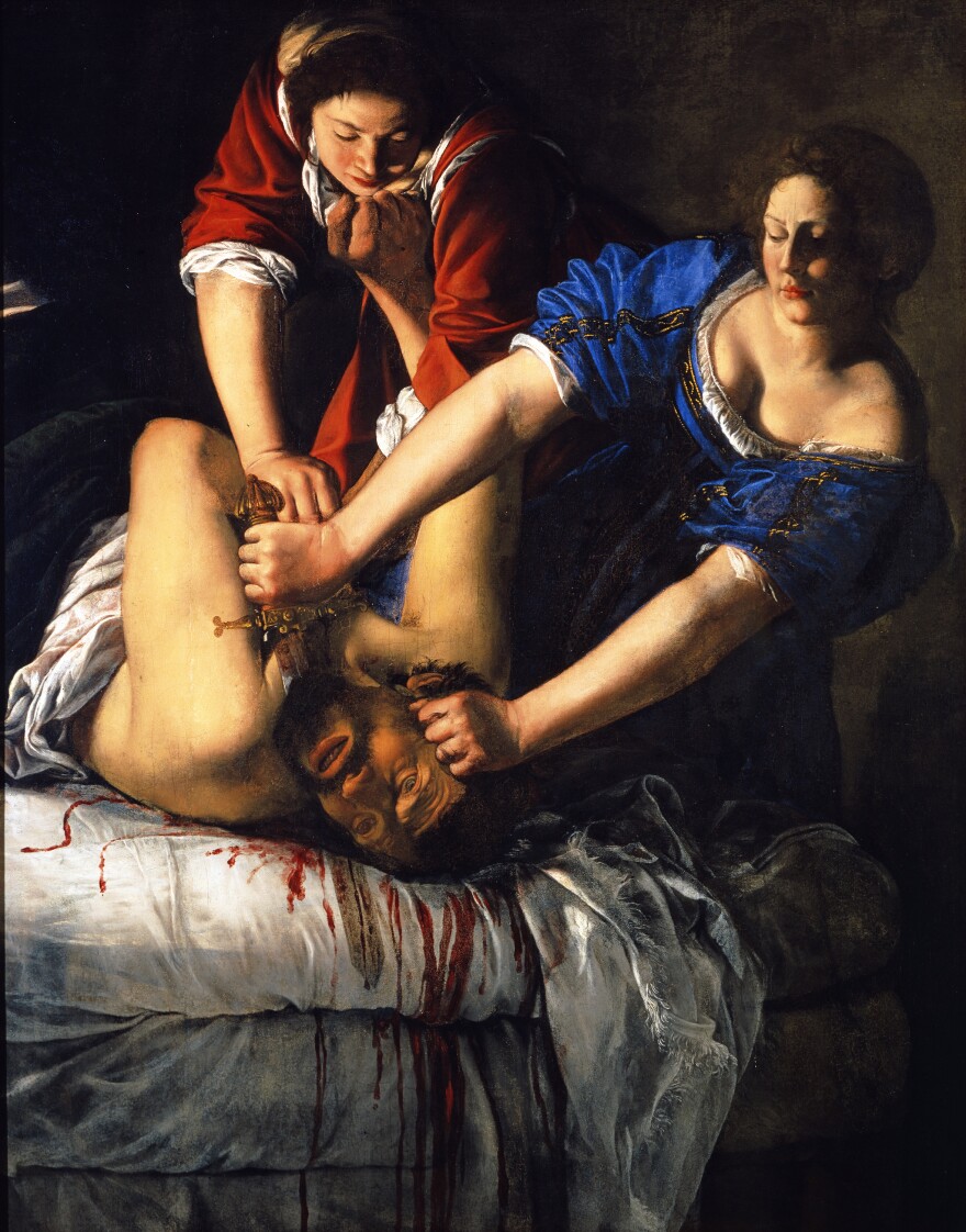 In the course of her career, Artemisia Gentileschi painted various depictions of the biblical figure Judith, including this work,<em> Slaying Holofernes. </em>In the Old Testament, Judith seduces the besieging general Holofernes and decapitates him in his bed.