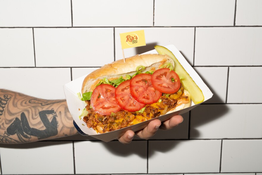 The vegan chopped cheese sandwich is a popular item at Rip's. Instead of ground beef, it's made with diced a Beyond Meat burger and dairy-free Daiya cheese.