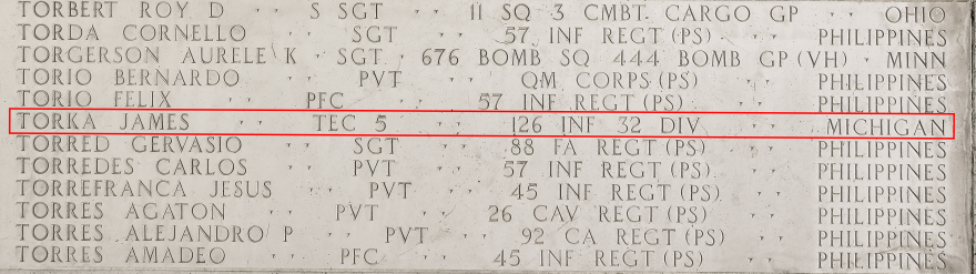 Tec 5, or Cpl. James Torka's name is memorialized on the Walls of the Missing in Manilla America Cemetery, located in the Phillipines. Torka was killed in 1942 in Papua New Guinea at the age of 36.