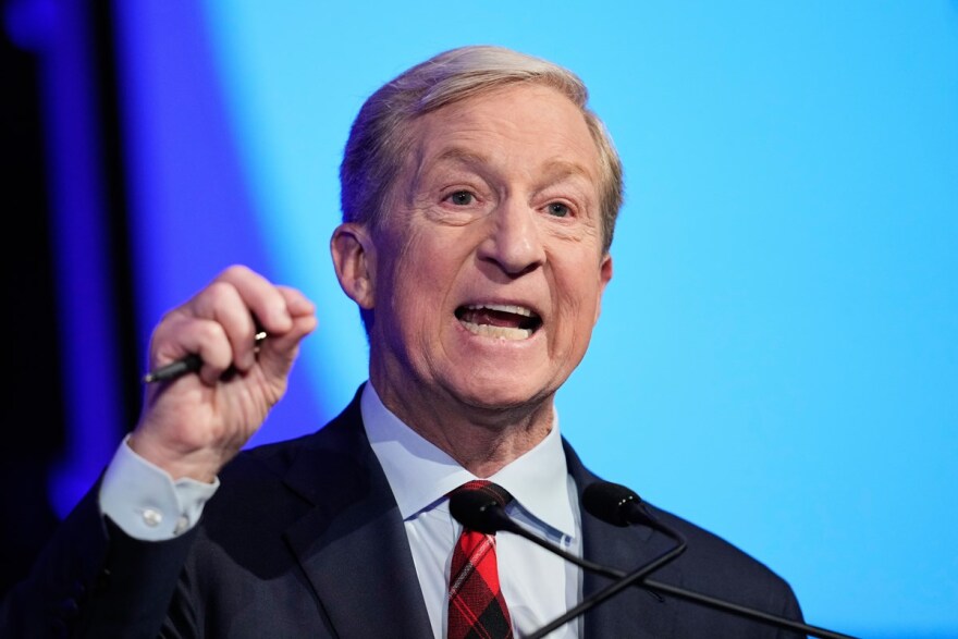 Tom Steyer speaks during a California gubernatorial debate hosted by CBS Bay Area and the San Francisco Examiner in San Francisco, Thursday, May 14, 2026.