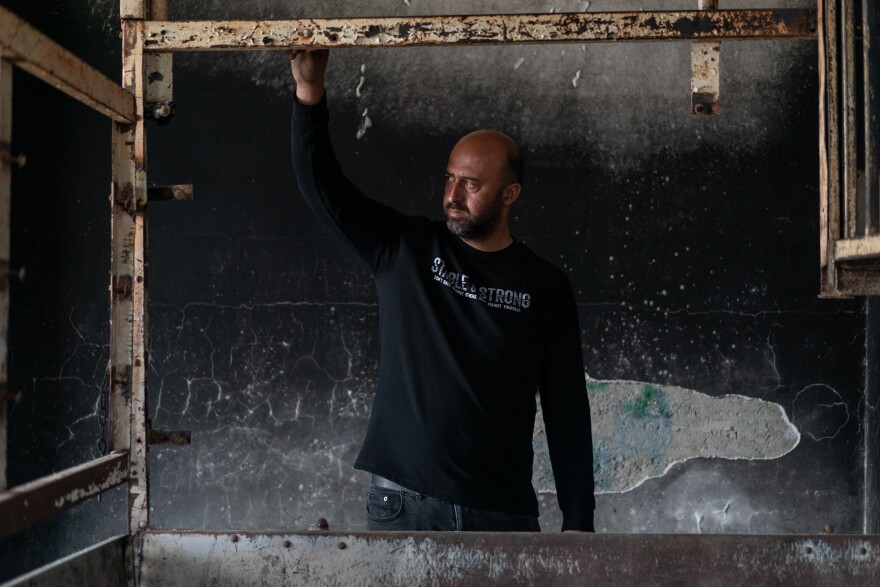 Ibrahim Fatthi, 34 surveys the damage outside his home after the violent attack on the Palestinian village Duma by Israeli settlers on April 13th.15 homes were damaged by arson and six residents injured by bullets, according to the head of the village council. April 18, 2024.