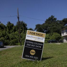 A for-sale sign in New Orleans East on July 28, 2025.