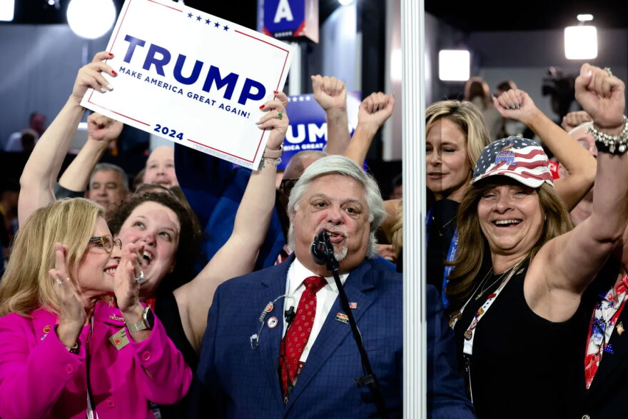 Republican delegates from Connecticut, including Leora Levy, Ben Proto, and Annalisa Stravato, cheer while nominating former President Donald Trump as their presidential candidate in 2024.