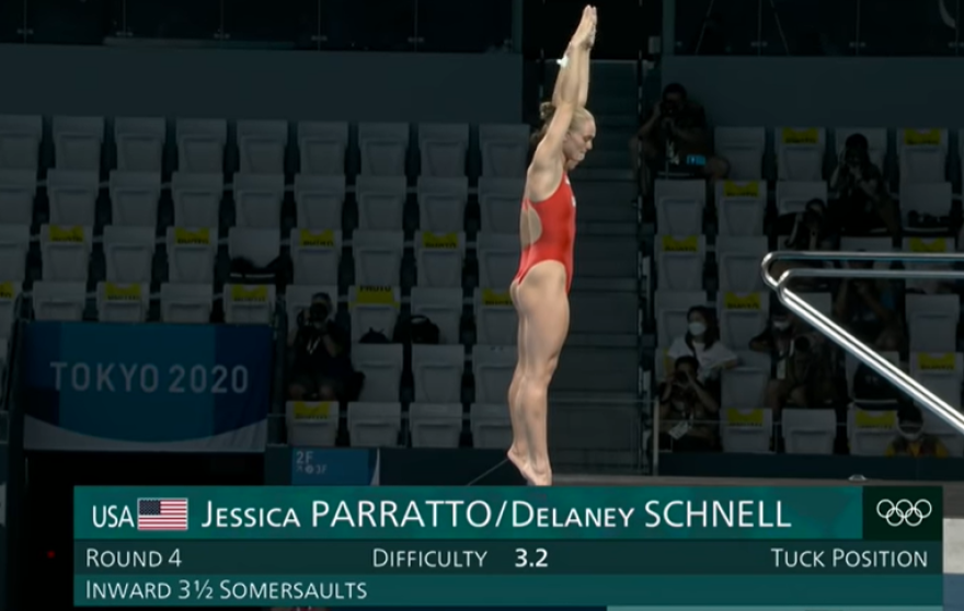  USA divers Jessica Parratto and Delaney Schnell about to execute one of their Olympic dives July 27, 2021 in Tokyo.