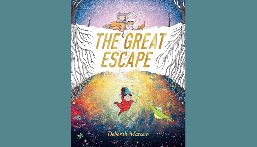 Cover of "The Great Escape" by Deborah Marcero; illustration of a girl falling through a cosmic space underneath a snow-covered land