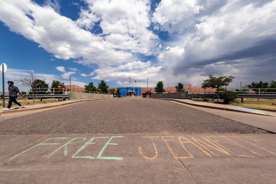 “Free Jeanette,” written in chalk at the entrance of The Geo Corporation ICE detention center, referring to Jeanette Vizguerra, who was arrested outside of her workplace by ICE officers on March 17.