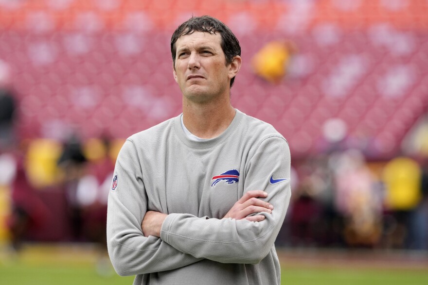 FILE - Buffalo Bills offensive coordinator Ken Dorsey stands on the field before the start of an NFL football game against the Washington Commanders, Sunday, Sept. 24, 2023, in Landover, Md. The Buffalo Bills fired offensive coordinator Ken Dorsey on Tuesday, Nov. 14, with the Josh Allen-led attack stagnating over a six-week stretch and the three-time defending AFC East champions falling further out of the playoff picture. (AP Photo/Andrew Harnik, File)