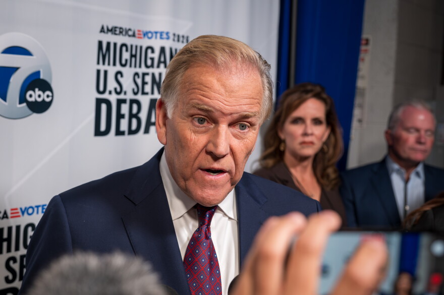 Republican U.S. Senate candidate Mike Rogers speaks to reporters after a debate with his Democratic opponent, Abdul El-Sayed, on Wednesday, October 22, 2026.