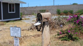 A burned-out mailbox is adorned with a kukui nut lei in front of an empty lot where a home once stood in Lahaina before the 2023 fires. (Aug. 4, 2025)