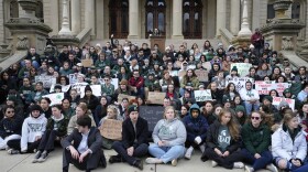 Current and former Michigan State University students rally at the capitol in Lansing, Wednesday, Feb. 15, 2023. Alexandria Verner, Brian Fraser and Arielle Anderson were killed and five other students remain remain in critical condition after a gunman opened fire on the campus of Michigan State University Monday night.