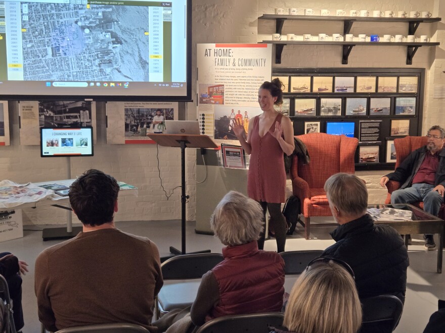New Bedford Whaling National Historical Park artist-in-residence Alex Houston speaks about the city's history with urban renewal at the New Bedford Fishing Heritage Center.