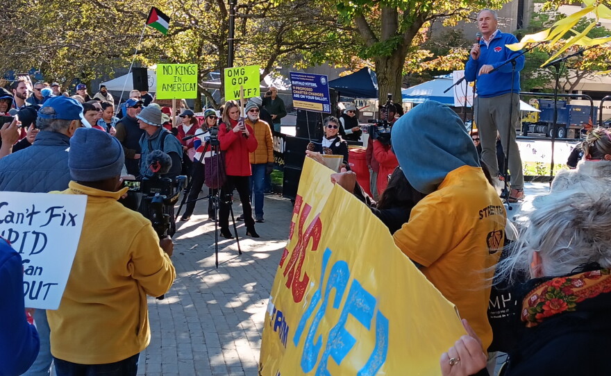 Buffalo Mayor Sean Ryan speaks during the No Kings rally held in Niagara Square, Saturday, Oct. 18, 2026.