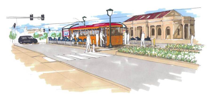 Artist rendering of the proposed Loop Trolley stop in front of the Delmar MetroLink Station.