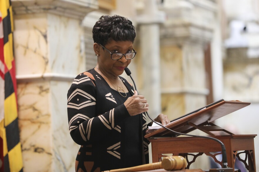 Maryland House Speaker Adrienne Jones addresses the Maryland House of Delegates members on the first day of the General Assembly’s legislative session in Annapolis, Maryland, Wednesday, Jan. 8, 2025. (AP Photo/Brian Witte)