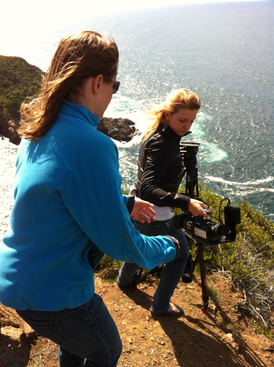 Jill Replogle (left) and Katie Euphrat filming from the edge of a cliff south of Ensenada.