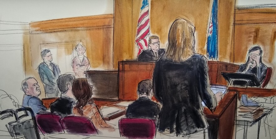 In this courtroom sketch, a witness weeps as she testifies late last month during the trial of former Hollywood producer Harvey Weinstein in Manhattan.