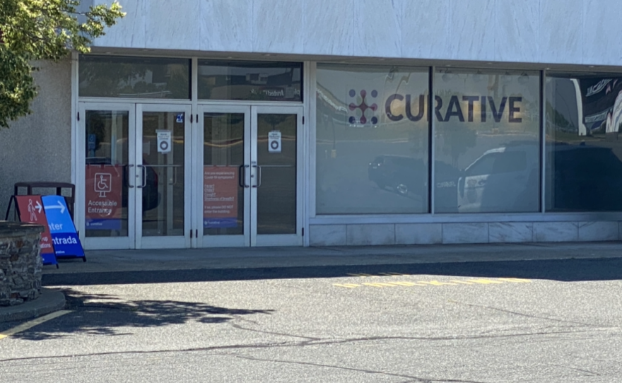 The outside of the mass vaccination site at the Eastfield Mall in Springfield, Massachusetts.